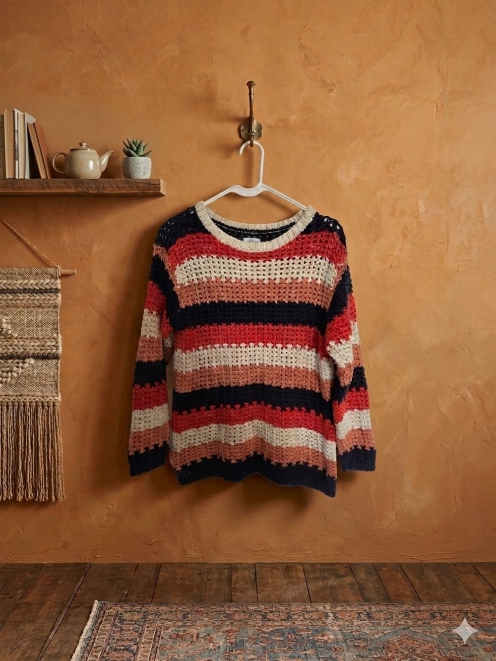 L.L. Bean Striped Crochet Pullover in Navy, Red & Cream
